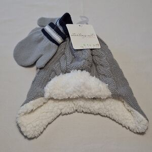 Starting Out Gray and White Knit Hat with Mittens